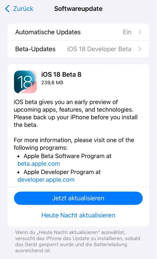 扬州苹果手机维修分享苹果 iOS / iPadOS 18 开发者预览版 Beta 8 发布 